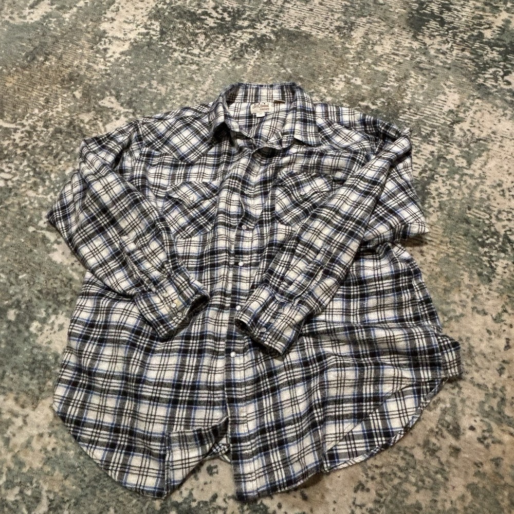 Y2KEly Cattleman Plaid Western Shirt Mens XXL Blue Black White Cotton Pearl Snap